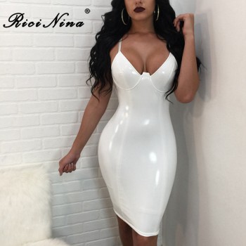 Sexy Bodycon Dress Women Spaghetti Strap V-neck Sleeveless Solid Dress Ladies Summer Knee Length Party Dresses White Red Pink Black